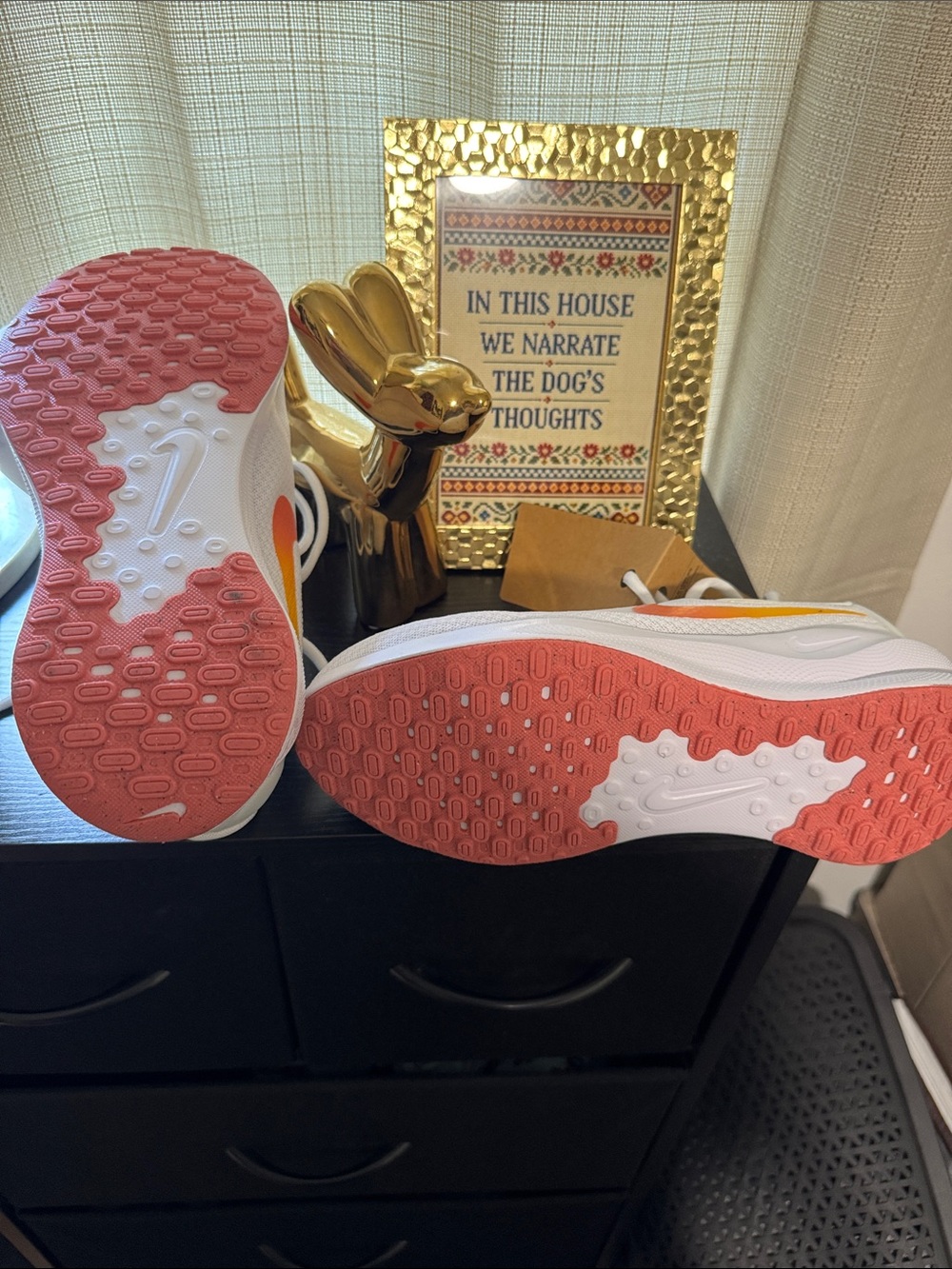 Nike White Sneakers with Orange and Coral Soles - Picture 2 of 5